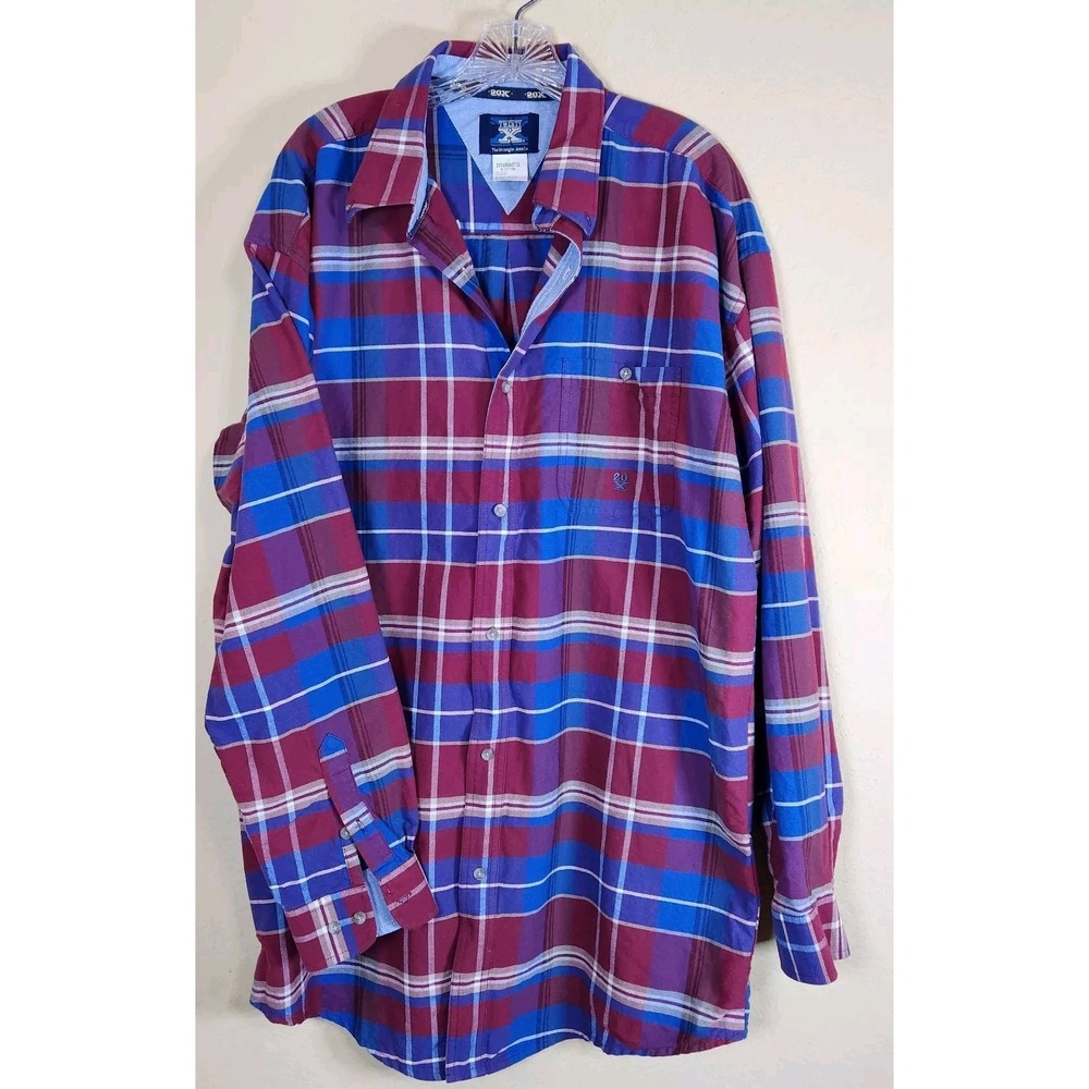 Wrangler Twenty X Mens 2XT Plaid Button Down Shirt Blue Burgundy MJ2119M Tall